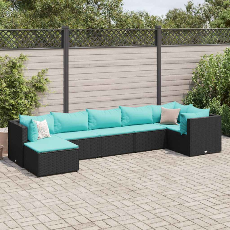 7Dílná Zahradní Sedací Souprava S Poduškami Černá Polyratan - Hnědá a červená / 3x corner   2x middle   table   footrest