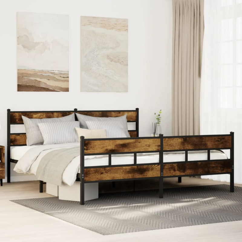 Kovový Rám Postele Bez Matrace Kouřový Dub - s čelem za hlavou a vysokým čelem u nohou / 193 x 203 cm