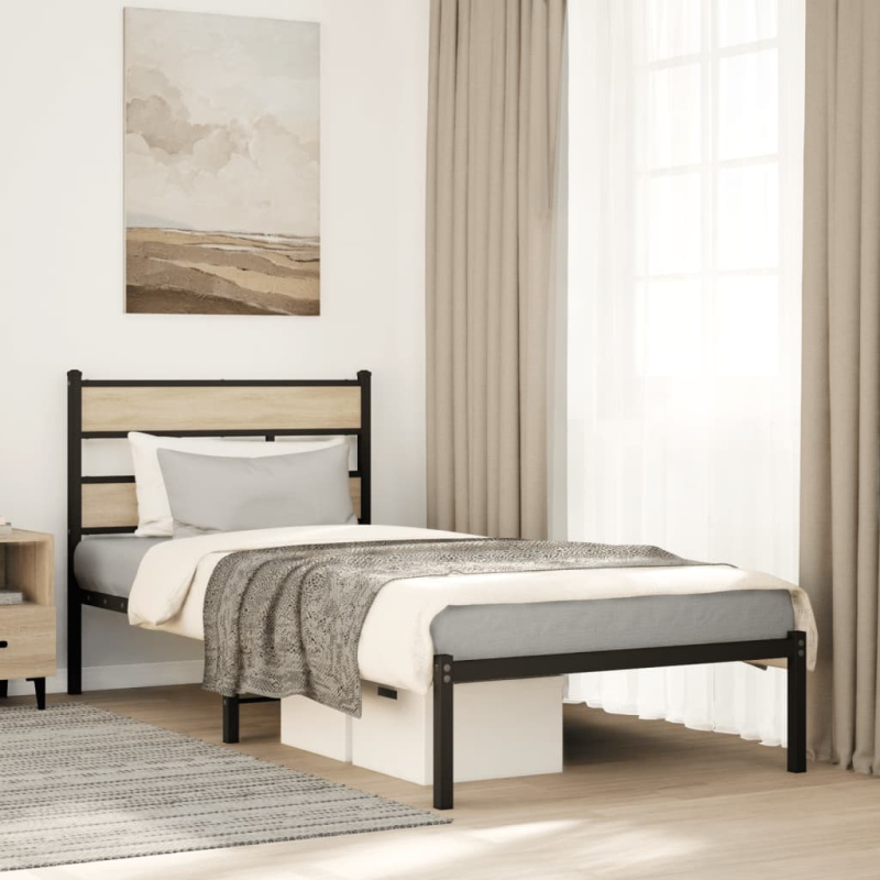 Kovový Rám Postele Bez Matrace Dub Sonoma - s čelem za hlavou a vysokým čelem u nohou / 193 x 203 cm