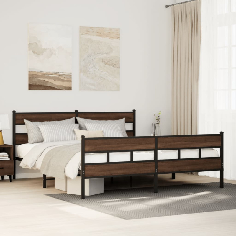 Kovový Rám Postele Bez Matrace Hnědý Dub - s čelem za hlavou a dvojitým nízkým čelem u nohou / 135 x 190 cm