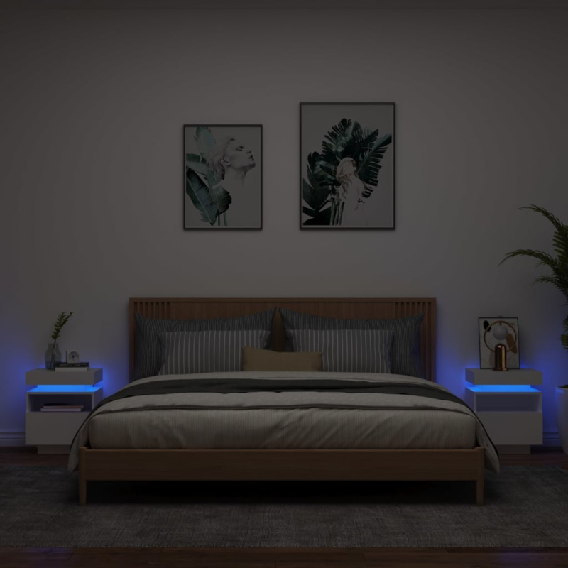 Noční Stolky S Led Osvětlením 2 Ks Bílé 40 X 39 X 48,5 Cm - dub artisan / 1