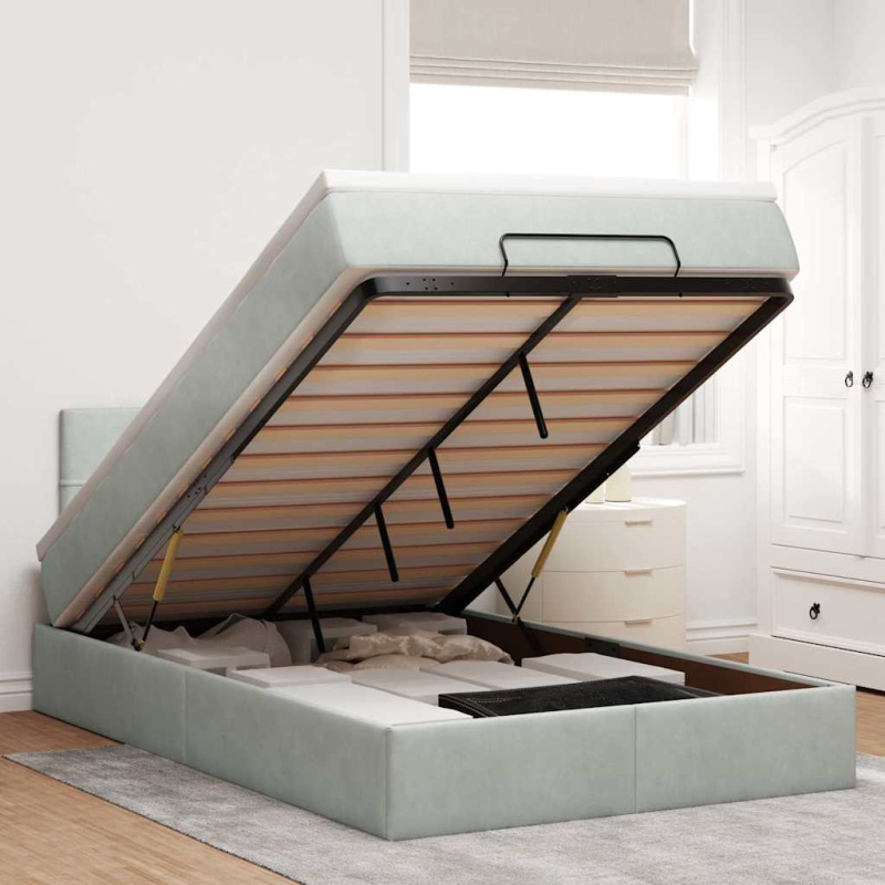 Osmanská Postel S Matrací & Led 120X190Cm Samet Světle Šedá - Prošívaný design / 90 x 190 cm