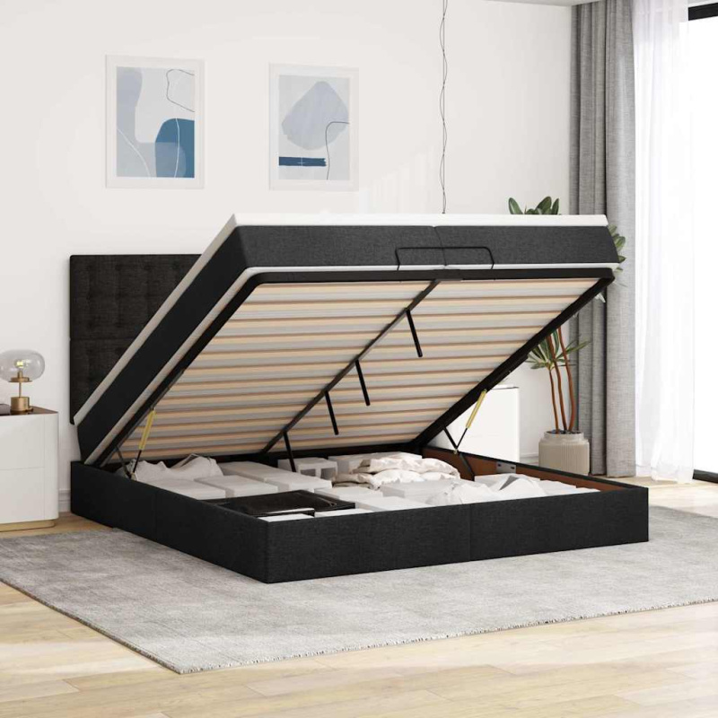 Osmanský Rám Postele S Matrací Černý 200X200Cm Textil Černá - Blok se čtverci / 90 x 190 cm