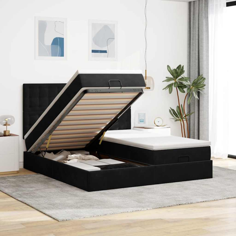 Osmanský Rám Postele S Matrací Černý 200X200Cm Samet - Světle šedá / Prošívaný design / 180 x 200 cm