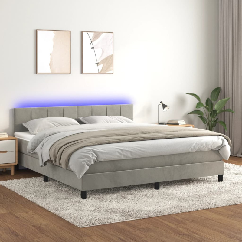 Box Spring Postel S Matrací A Led Samet Světle Šedá - Blok se čtverci / 120 x 210 cm