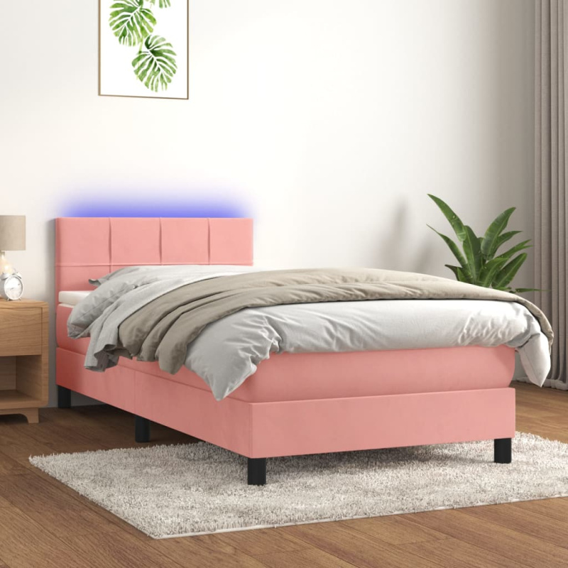 Box Spring Postel S Matrací A Led Samet Růžová - vodorovné pruhy / 140 x 210 cm