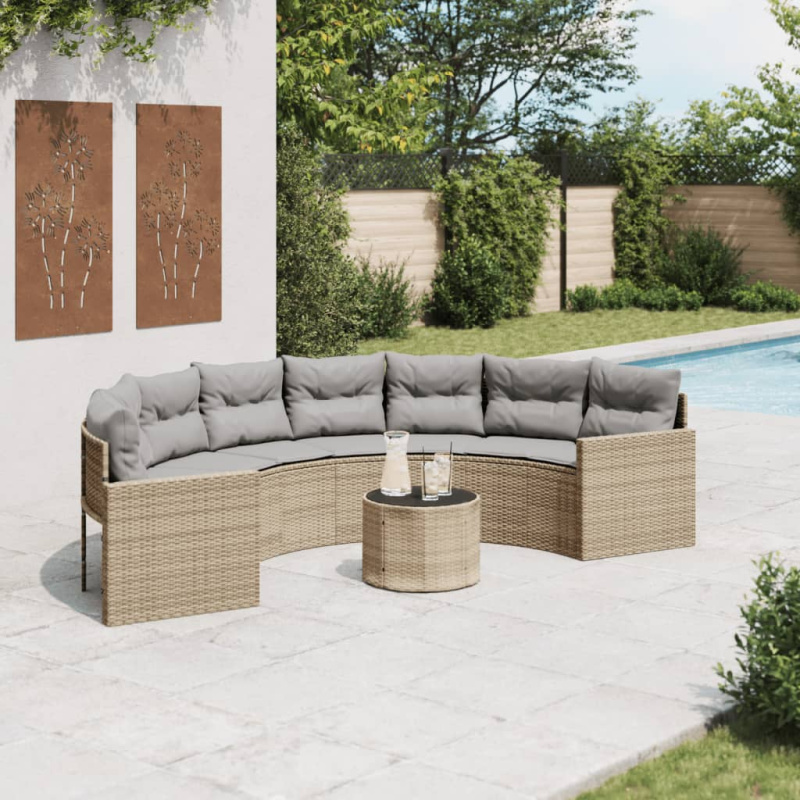 Zahradní Pohovka Se Stolem A Poduškami Béžová Polyratan Béžová A Světle Šedá - pe rattan and glass / Půlkruh