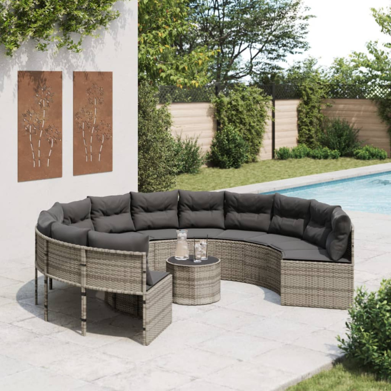 Zahradní Pohovka Se Stolkem A Poduškami Kulatá Šedá Polyratan Šedá A Tmavě Šedá - pe rattan and glass / Půlkruh