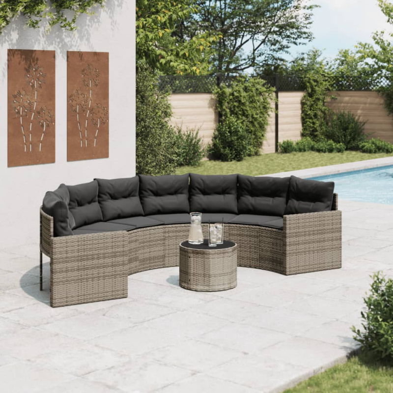 Zahradní Pohovka Se Stolem S Podušky Ová Šedá Polyratan Šedá A Tmavě Šedá - pe rattan and glass / Kruh