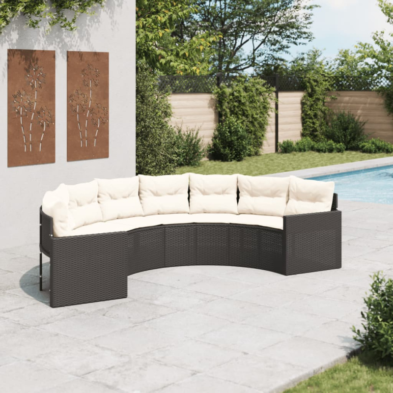 Zahradní Pohovka S Poduškami Ová Černá Polyratan Černá A Krémově Bílá - pe rattan and wood / Kruh