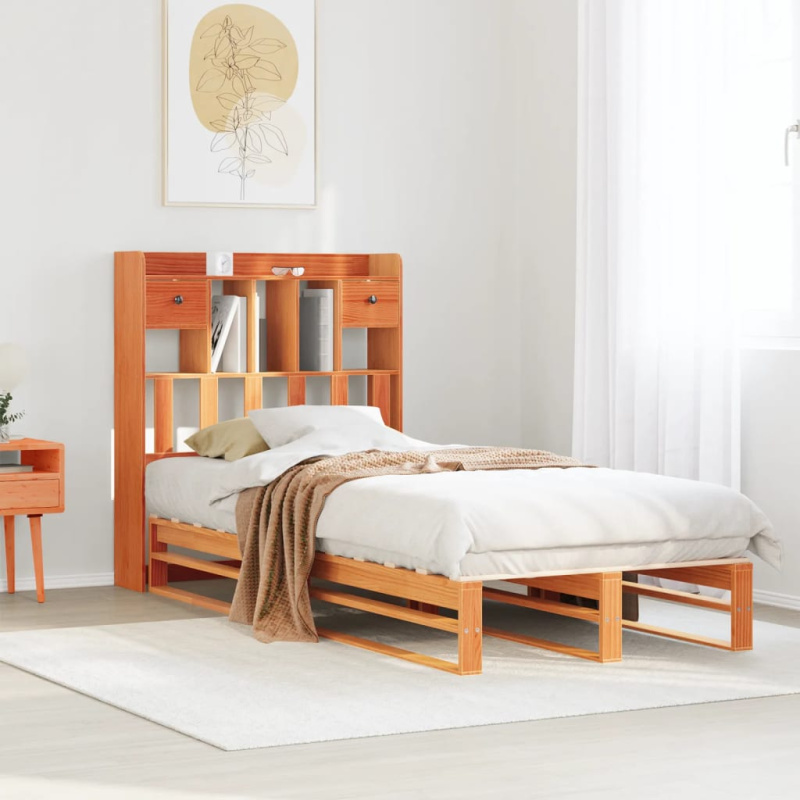 Postel S Knihovnou Bez Matrace Hnědá Masivní Borovice - Voskově hnědá / 100 x 200 cm