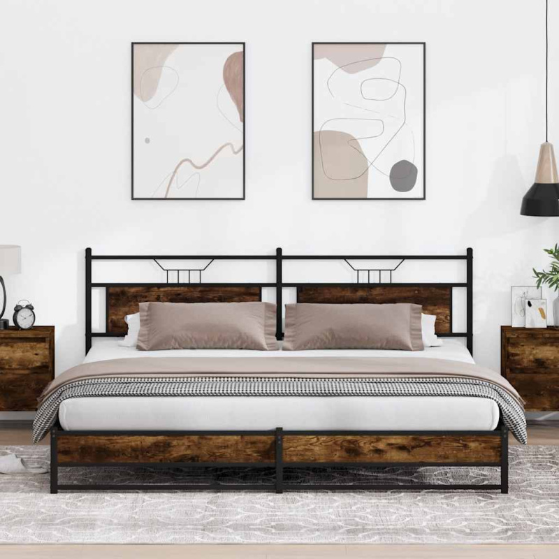 Kovový Rám Postele Bez Matrace Kouřový Dub - s čelem za hlavou a nízkým čelem u nohou / 183 x 203 cm