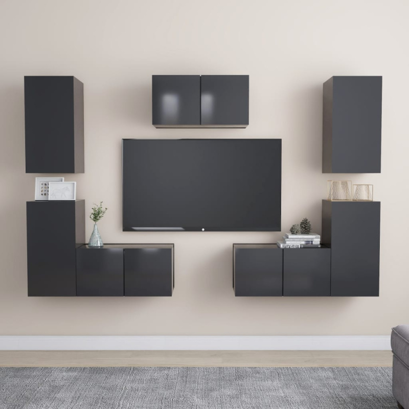 7Dílný Set Tv Skříněk Šedý Dřevotříska - Staré dřevo / 80 cm