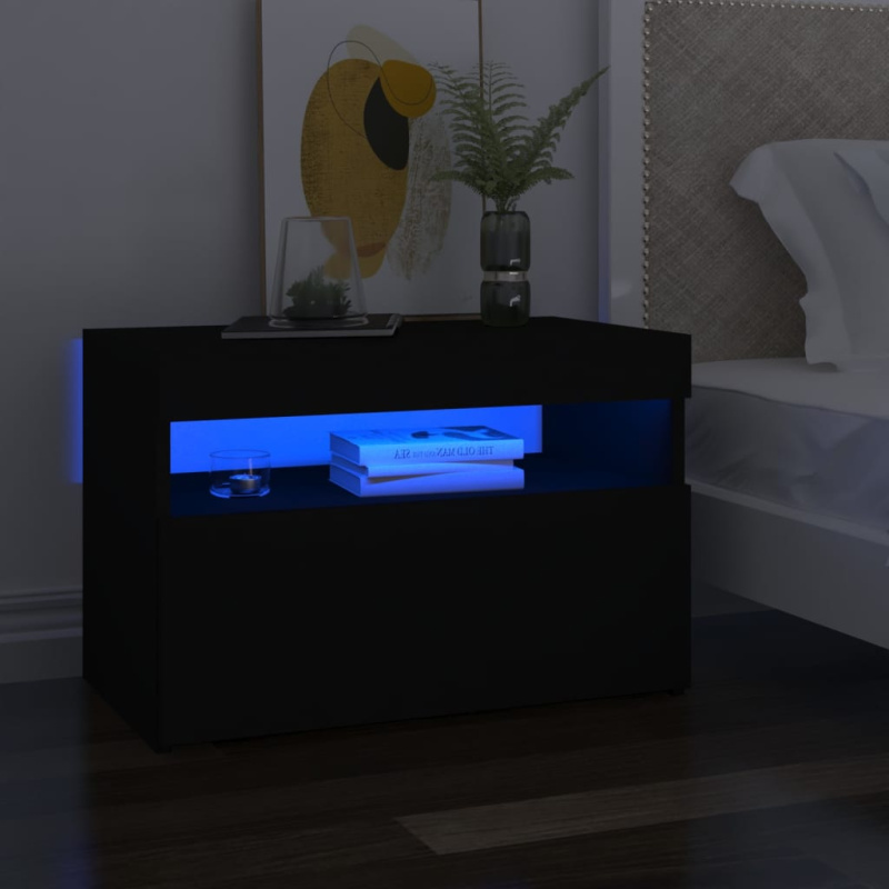 Noční Stolek S Led Osvětlením Černý 60X35X40 Kompozitní Dřevo - Staré dřevo / 1