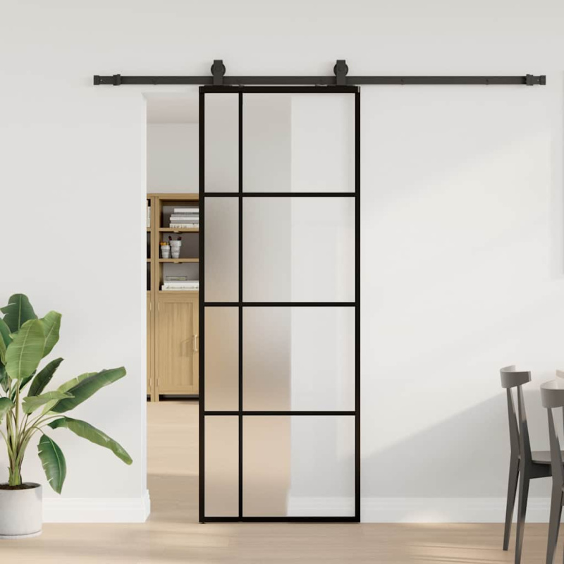 Posuvné Dveře Se Sadou Kování Černé 76X205 Cm Esg Glass Černá - 102.5 x 205 cm (200 cm sliding rail) / Transparentní