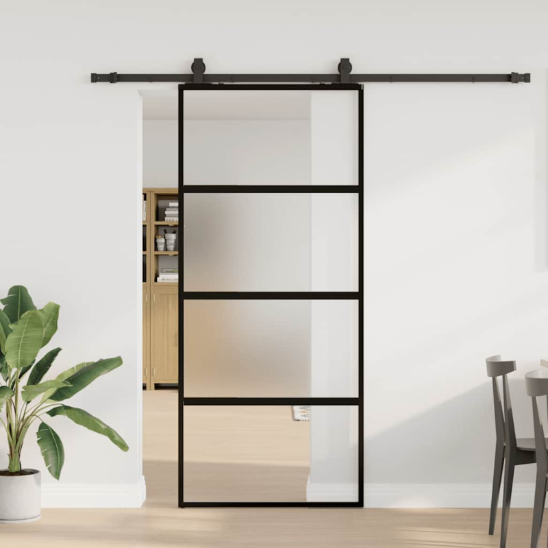 vidaXL Posuvné dveře se sadou kování černé 76x205 cm Tvrzené sklo