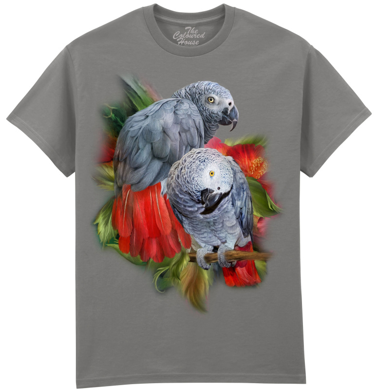 The Colored House Pánské tričko s potiskem afrických papoušků – African Greys od Carol Cavalaris - šedé Velikost: 5XL