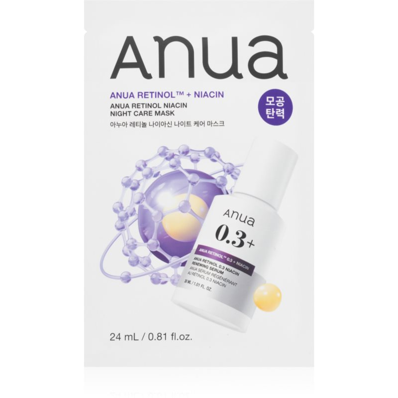 Anua Retinol + Niacin Night Care Mask protivrásková plátýnková maska pro sjednocení barevného tónu pleti 24 ml