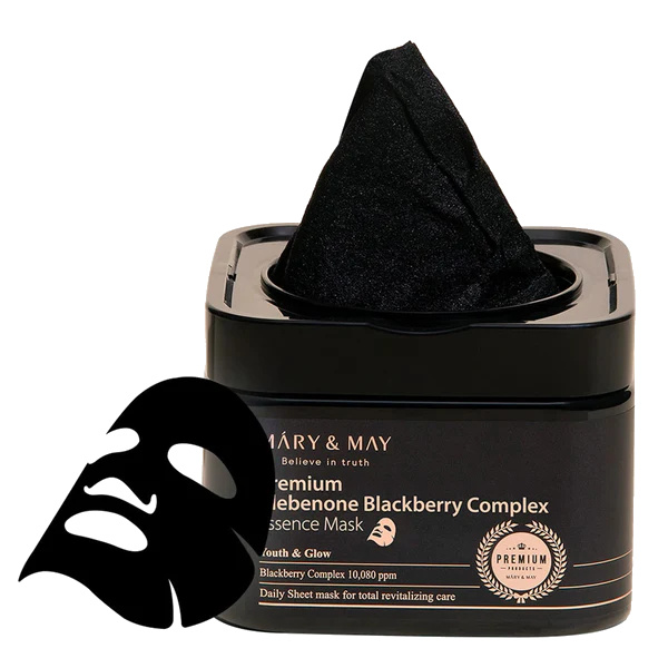MARY & MAY Víceúčelová pleťová maska Premium Idebenone Blackberry Complex (Essence Mask) 20 ks