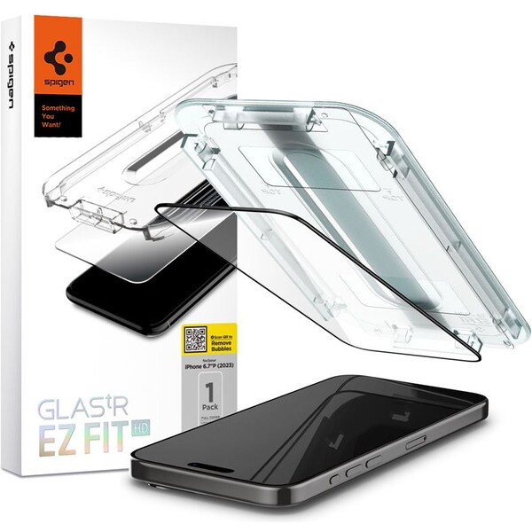 Spigen Glass tR EZ Fit HD tvrzené sklo iPhone 15 Pro Max černé