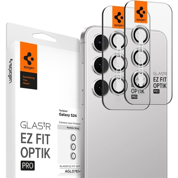 Spigen Glass tR EZ Fit Optik Pro 2 Pack ochranné sklo na fotoaparát Samsung Galaxy S24 stříbrné