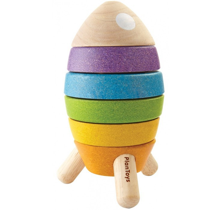 Skládačka s kroužky - Raketa s tvary dřevěná (Plantoys)