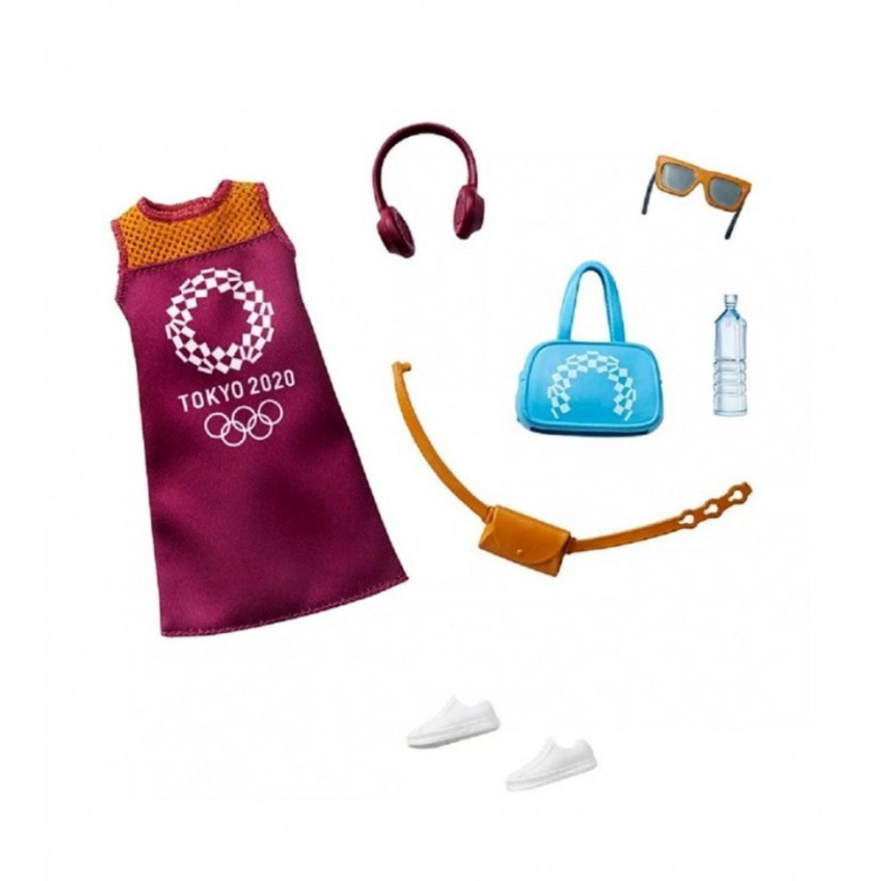 Barbie kolekce oblečků tokyo 2020 bordó šaty, mattel gjg33