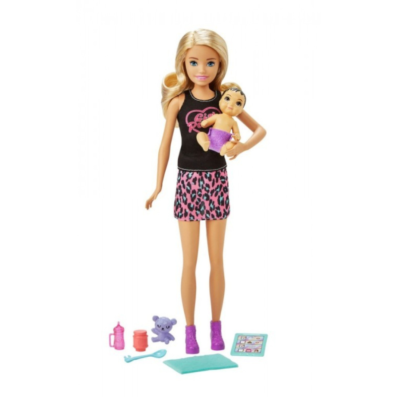 Barbie chůva blondýnka + miminko s doplňky, mattel grp13