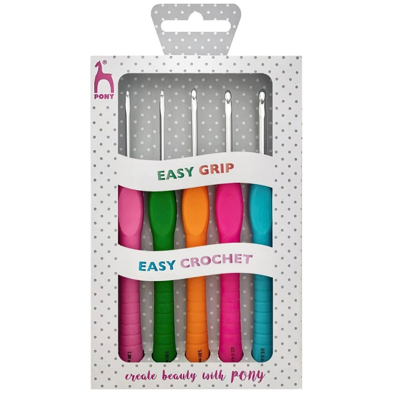 Pony háčky na háčkování EASY GRIP-PONY kovové / hliníkové s plastovou rukojetí 656831, sada 5 velikostí