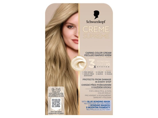 Schwarzkopf Creme Supreme permanentní barva na vlasy odstín 9-16 Chladná popelavá velmi světlá blond 60 ml