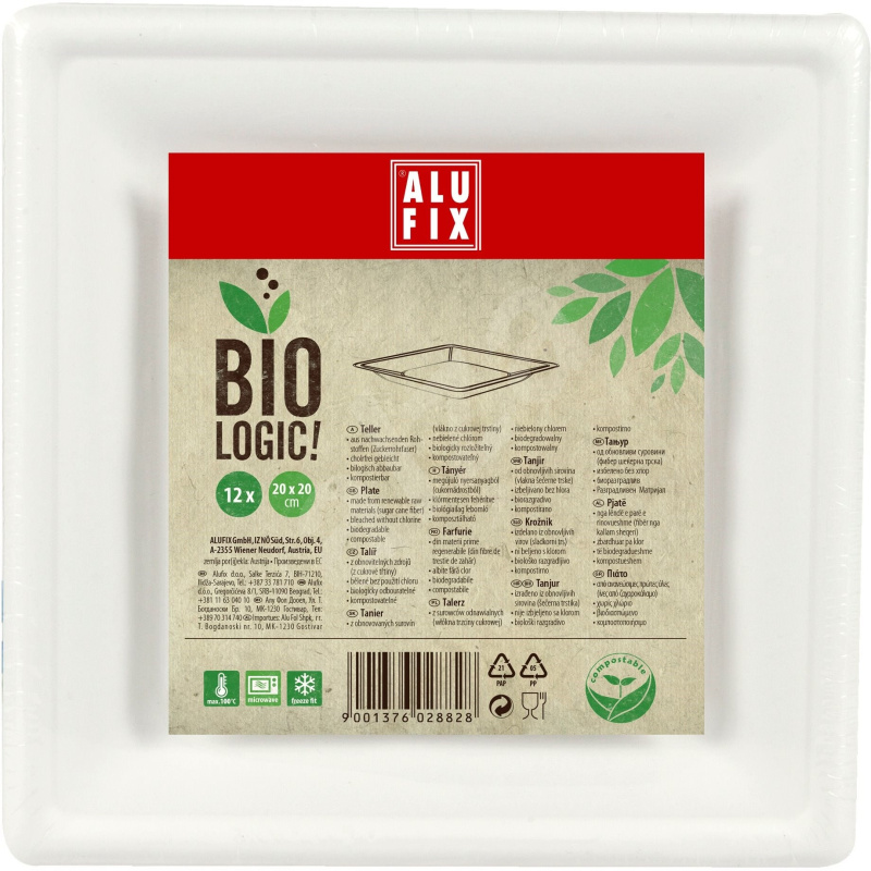 Alufix talíř z cukrové třtiny čtvercový 12ks BIOLOGIC, 20x20cm