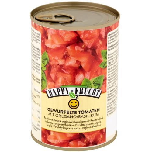 Happy Frucht rajčata loupaná krájená oregáno a bazalka 400g