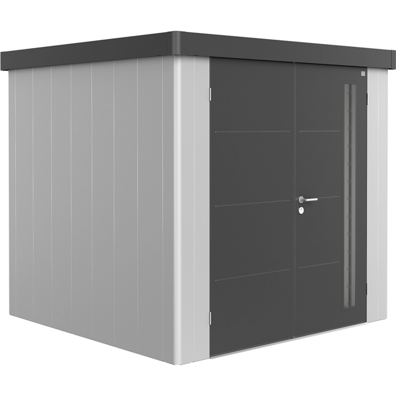 Biohort Plechový zahradní domek Neo2B 1.3 dvoukřídlé dveře stříbrná 236 x 236 cm