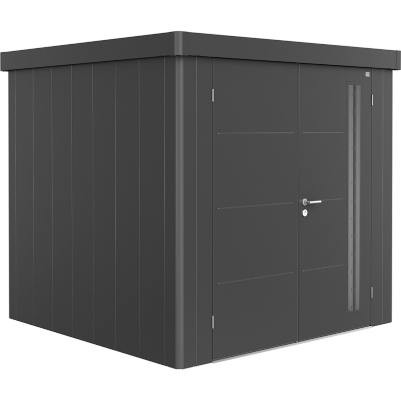 Biohort Plechový zahradní domek Neo2B dvoukřídlé dveře tm. šedá 236 x 236 cm