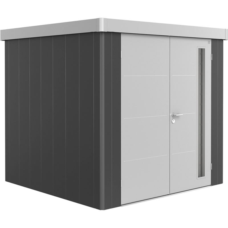 Biohort Plechový zahradní domek Neo2B 3.1 dvoukřídlé dveře tm. šedá 236 x 236 cm