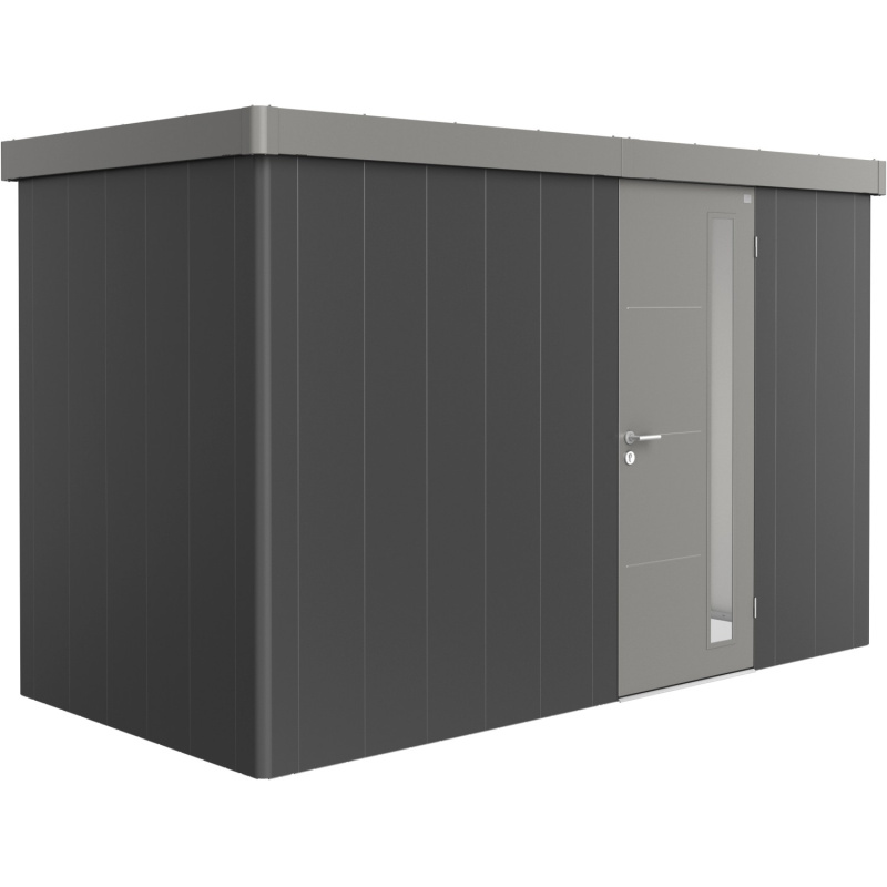 Biohort Plechový zahradní domek Neo1D 3.2 standardní dveře tm. šedá 348 x 180 cm