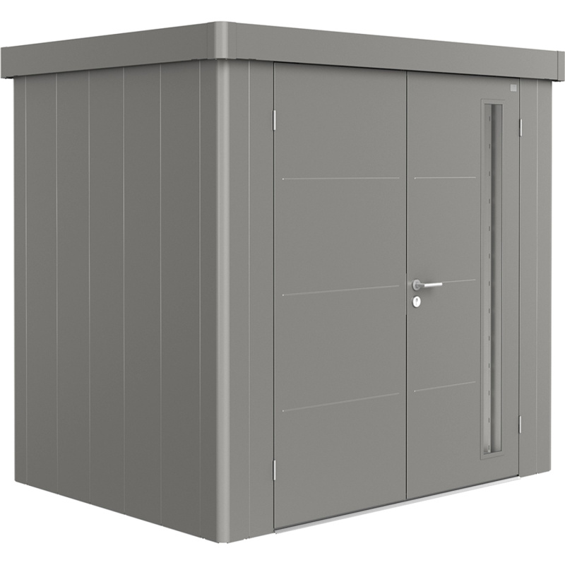 Biohort Plechový zahradní domek Neo1B dvoukřídlé dveře křem. šedá 236 x 180 cm