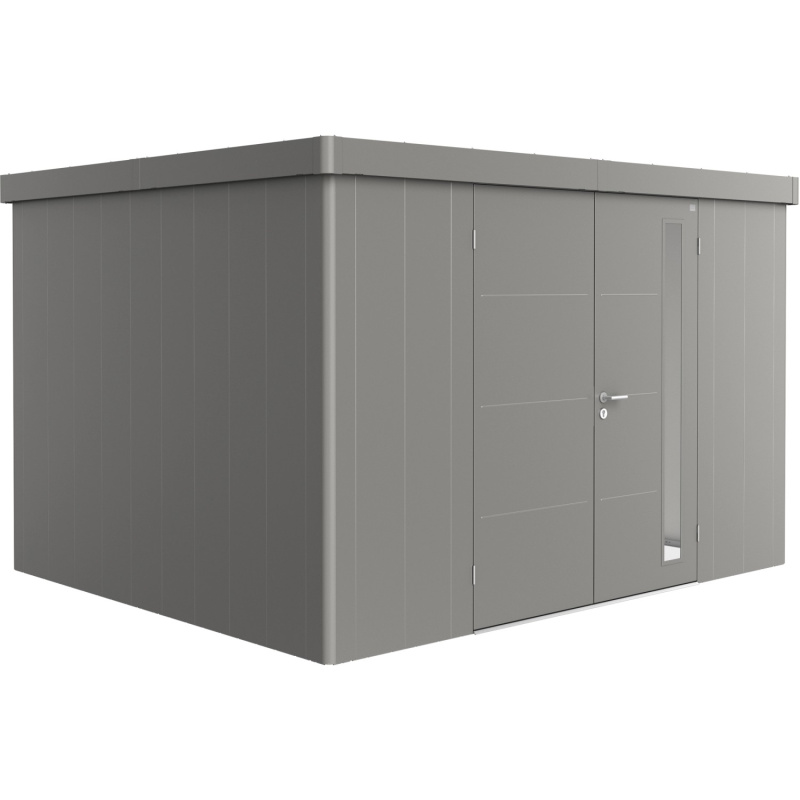 Biohort Plechový zahradní domek Neo3D dvoukřídlé dveře křem. šedá 348 x 292 cm