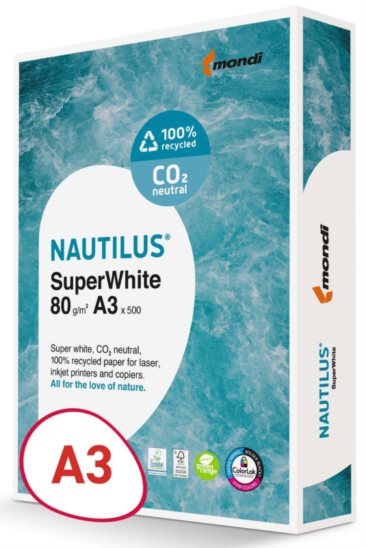 Recyklovaný papír Nautilus Superwhite - A3, zářivě bílá, 80 g/m2, CIE 150, 500 listů