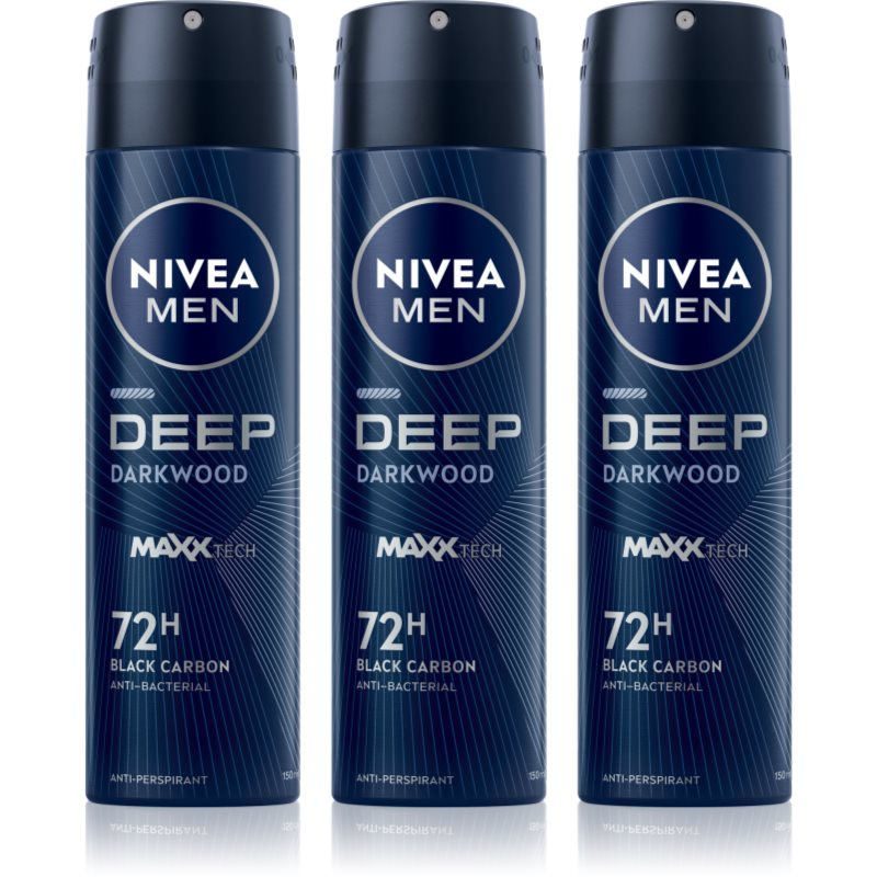 NIVEA MEN Deep Black Carbon Darkwood antiperspirant ve spreji výhodné balení pro muže 3 x 150 ml