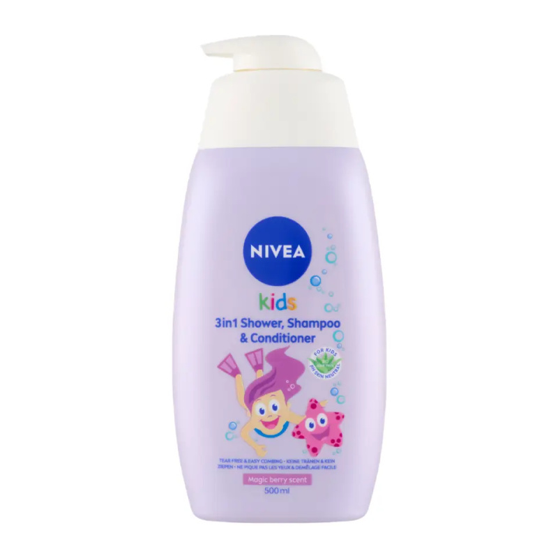 Nivea Kids Magic Berry Scent Dětský sprchový gel, šampon a kondicionér 3 v 1 500 ml