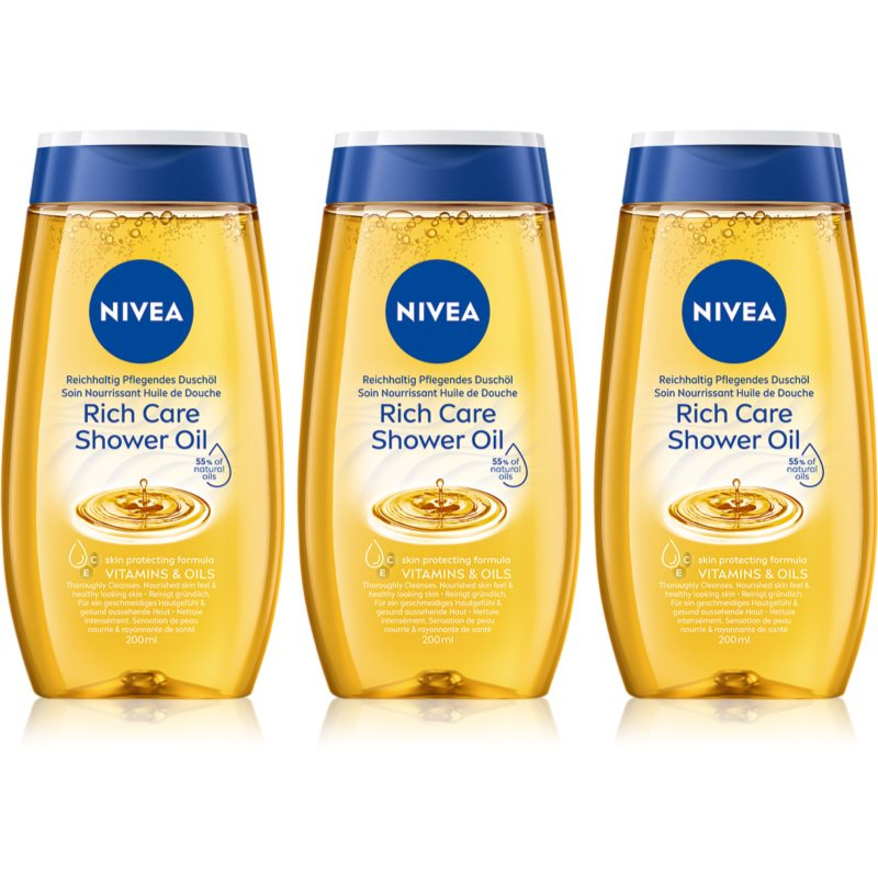 NIVEA Natural Caring sprchový olej pro suchou pokožku 3 x 200 ml