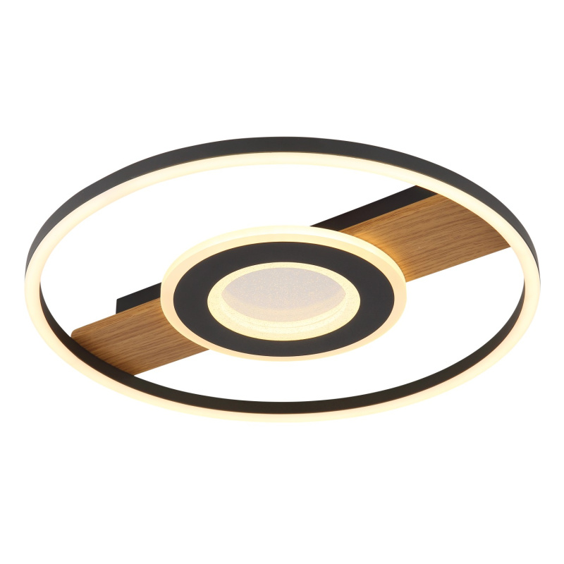 GLOBO Stropní LED svítidlo PIKARA 24W 3000lm 3000K, černá/dřevo, pr. 40,5 cm