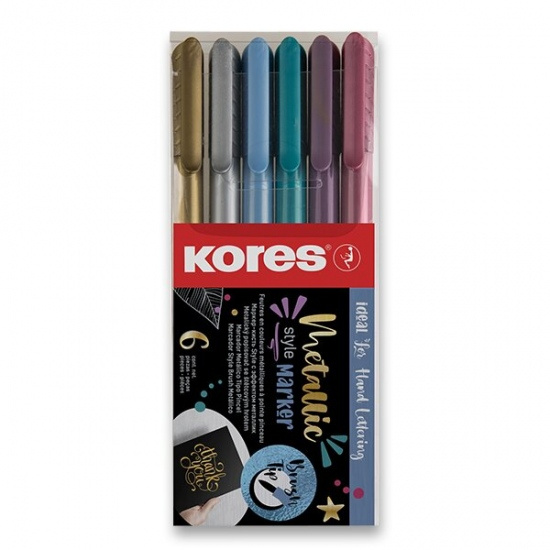 Popisovač Kores Style Brush Marker Metallic, 6 barev Kores