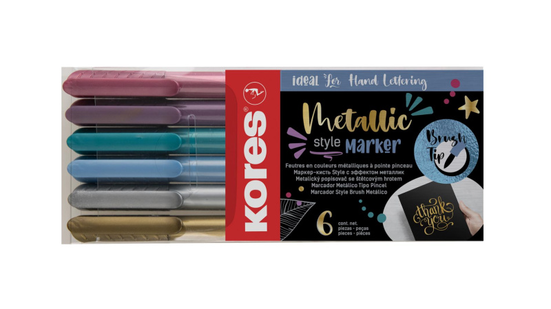 Popisovač Kores Style Brush Marker Metallic, 6 barev Kores