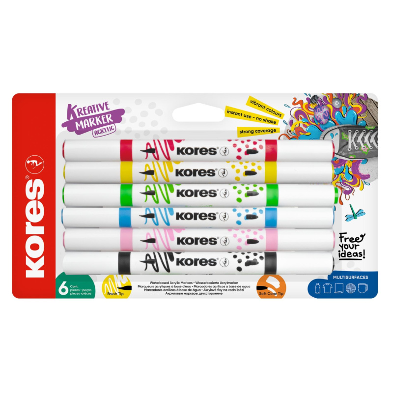 Akrylové popisovače Kores Kreative Marker, oboustranné - 6 barev