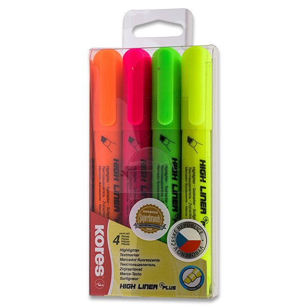 Zvýrazňovač Kores High Liner Plus sada 4 barev