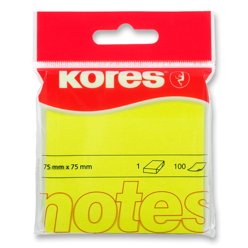 Samolepicí bločky Kores - neonové 75 x 75 mm, 100 listů žluté