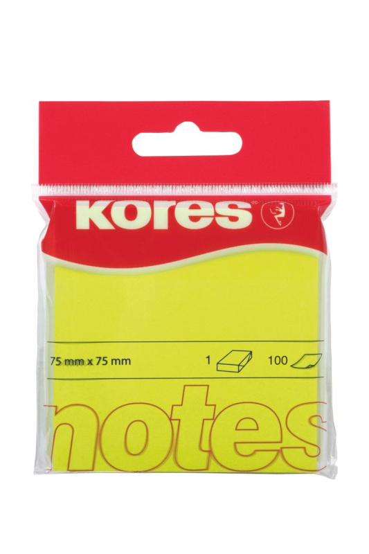 Kores - samolepicí bloček - 75x75 mm, 100 l., neon žlutý