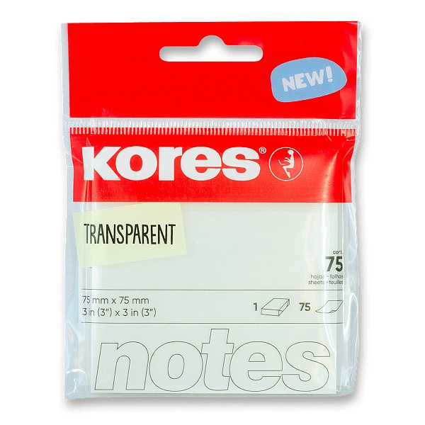 Transparentní samolepicí bloček Kores 75 x 75 mm, 75 líistů Kores
